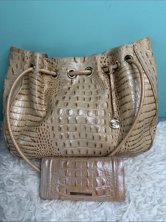 Brahmin Handbags - Brahmin Beige Croc-Embossed Drawstring Shoulder Bag with Matching Wallet